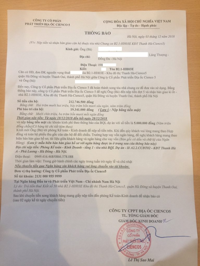 phí bảo trì chung cư thanh hà