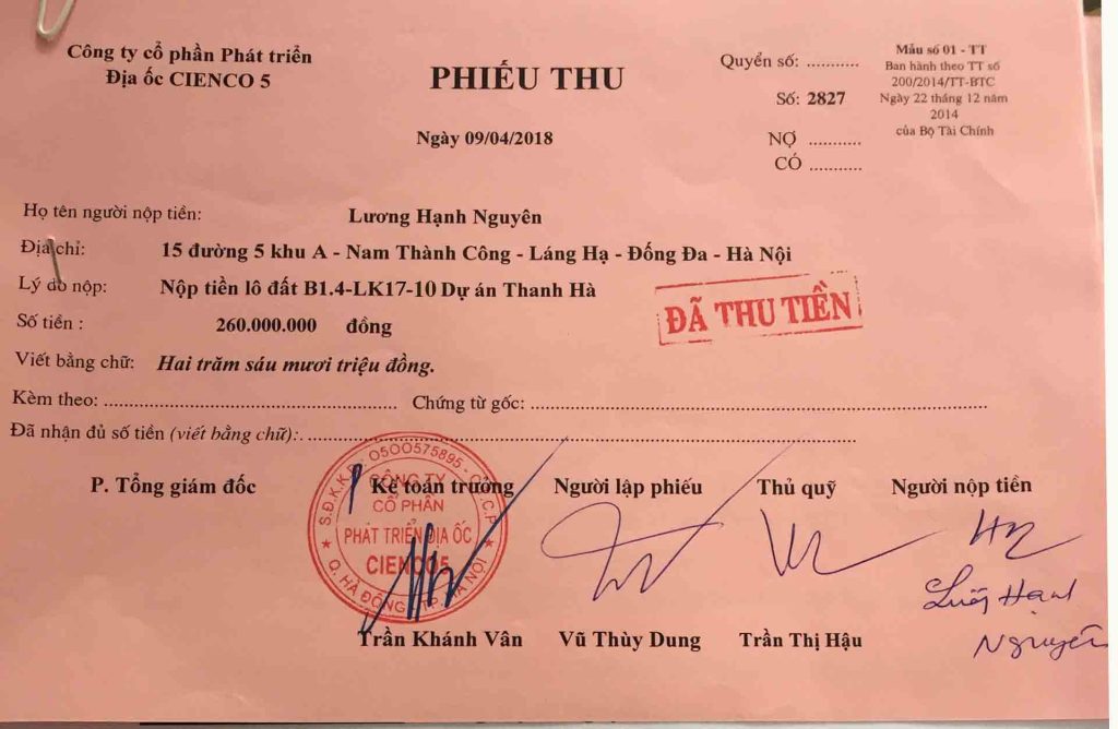 phiếu thu khi đóng tiền mua chung cư thanh hà cienco5