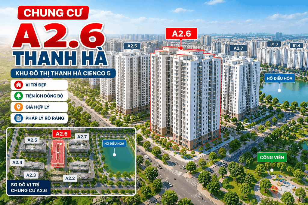 Chung cư A2.6 Thanh Hà Cienco 5 – hình ảnh minh họa vị trí tòa nhà, quy hoạch khu đô thị và cảnh quan hồ điều hòa.