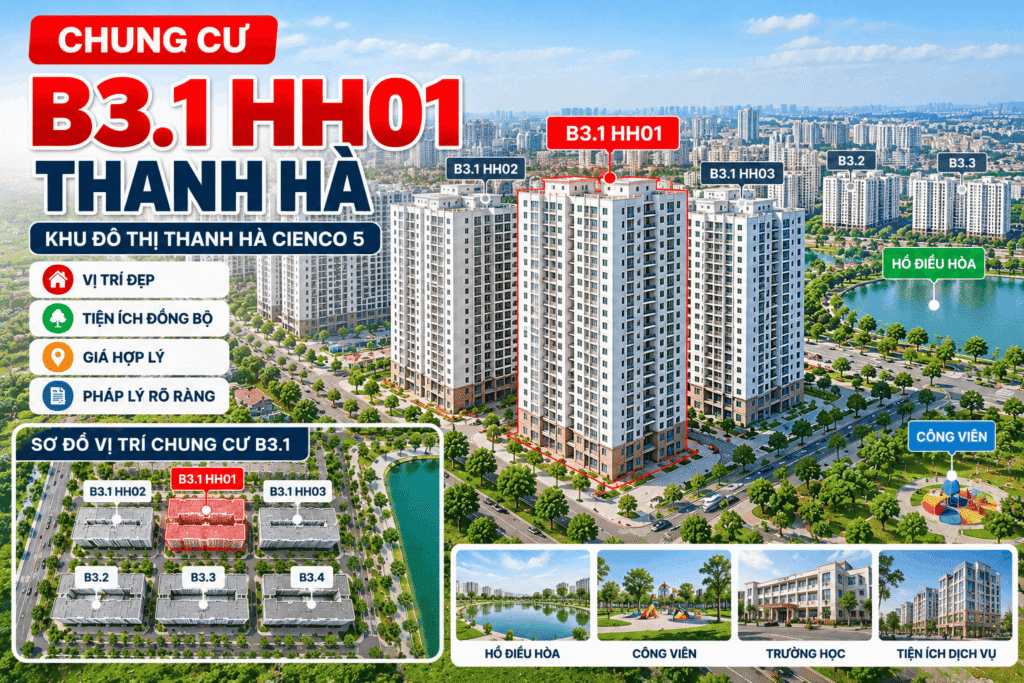 Chung cư B3.1 HH01 Thanh Hà Cienco 5 – hình ảnh minh họa tòa nhà, vị trí quy hoạch và cảnh quan khu đô thị Thanh Hà.