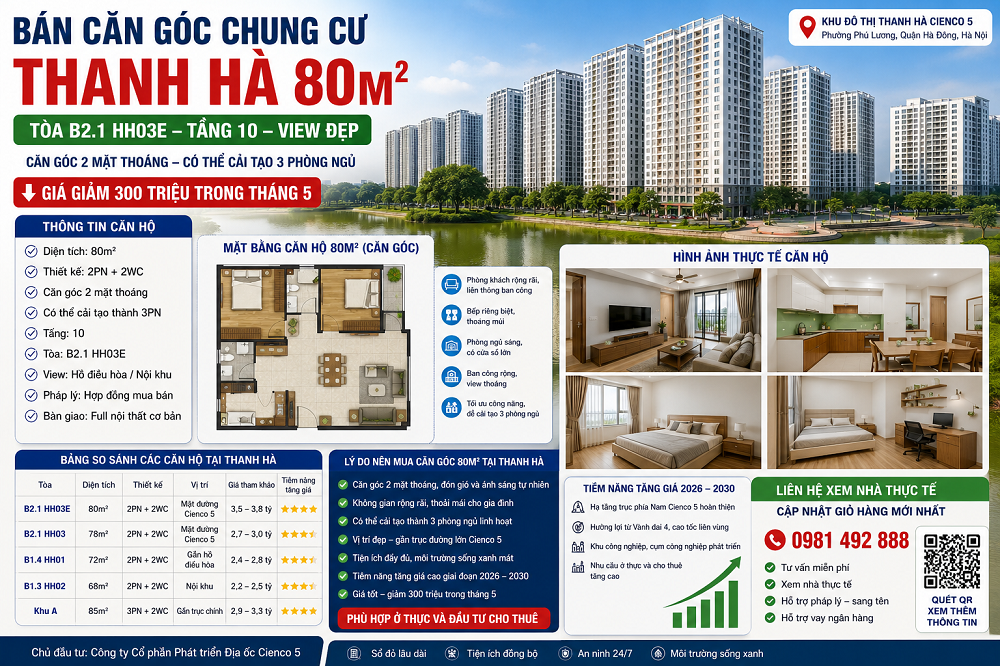 Bán Căn Góc Chung Cư Thanh Hà 80m2