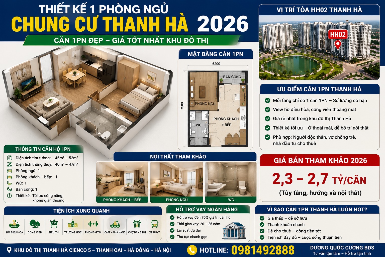 thiết kế 1 phòng ngủ chung cư thanh hà