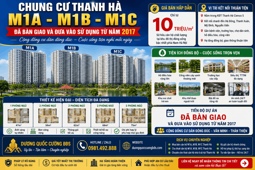 Chung cư Thanh Hà M1A M1B M1C đã bàn giao từ năm 2017, giá bán từ 10 triệu m2 tại khu đô thị Thanh Hà Cienco 5