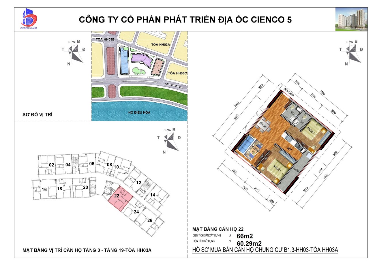 sơ đồ mặt bằng căn 22 chung cư B1.3 HH03A Thanh Hà
