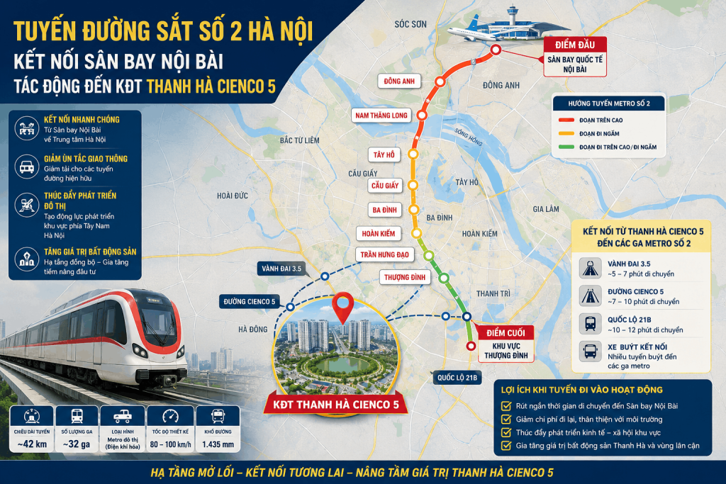 Infographic mô phỏng Tuyến đường sắt số 2 Hà Nội kết nối Sân bay Nội Bài với mạng lưới metro Thủ đô, phân tích khả năng kết nối giao thông và tác động tích cực đến KĐT Thanh Hà Cienco 5 trong tương lai.