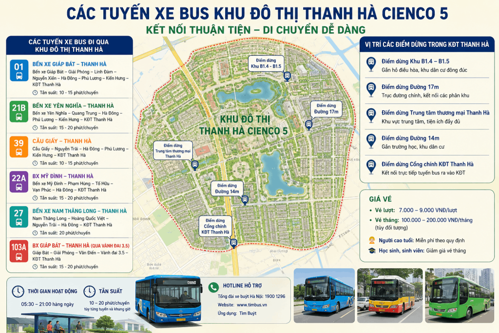 Xe bus khu đô thị Thanh Hà Cienco 5 di chuyển qua tuyến đường nội khu hiện đại