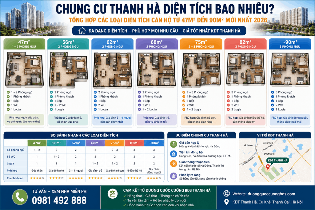 Chung cư Thanh Hà diện tích bao nhiêu? Các loại căn hộ từ 47m² đến 90m²