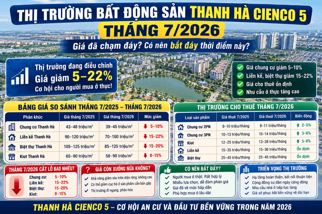 Thị trường bất động sản Thanh Hà Cienco 5 tháng 7/2026 đang bước vào giai đoạn điều chỉnh với mặt bằng giá bán giảm từ 5–22% tùy phân khúc, trong khi thị trường cho thuê vẫn duy trì ổn định. Bài viết phân tích chi tiết diễn biến của thị trường bất động sản Hà Nội và Thanh Hà, cập nhật bảng giá mua bán, cho thuê mới nhất, đánh giá mức cắt lỗ thực tế và cơ hội dành cho người mua ở thực cũng như nhà đầu tư dài hạn.