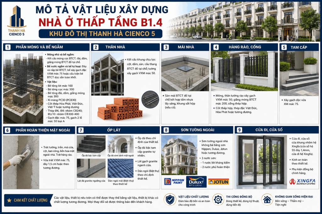Mô tả vật liệu xây dựng nhà ở thấp tầng B1.4 Khu đô thị Thanh Hà Cienco 5 gồm móng bê tông cốt thép, khung chịu lực, mái BTCT, sơn ngoại thất, cửa nhôm Xingfa và tiêu chuẩn hoàn thiện.