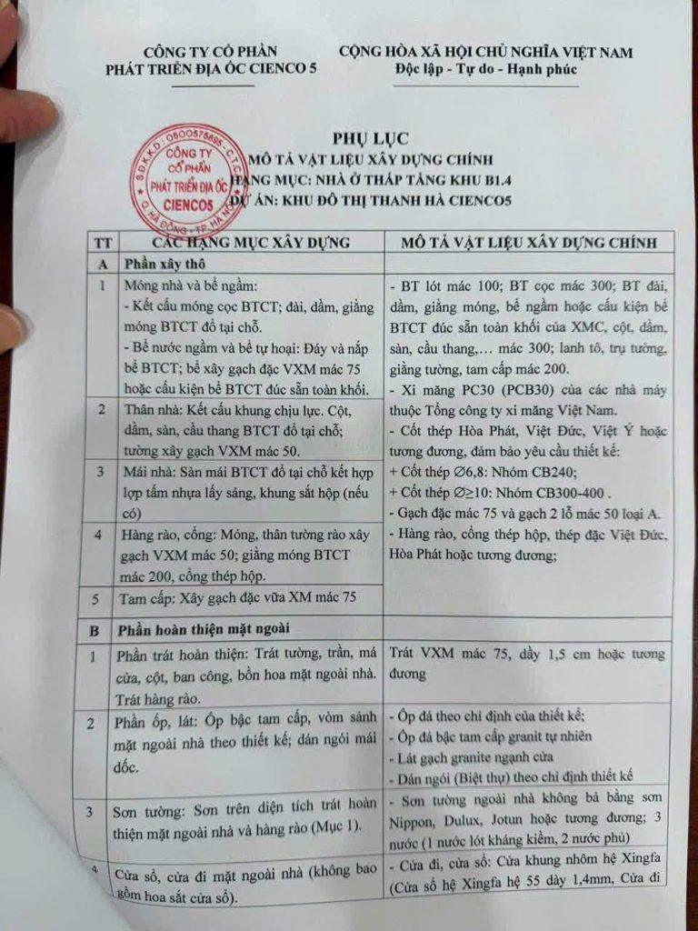 vật liệu xây dựng liền kề B1.4 Thanh Hà Cienco 5 để xây dựng khu nhà ở thấp tầng B1.4