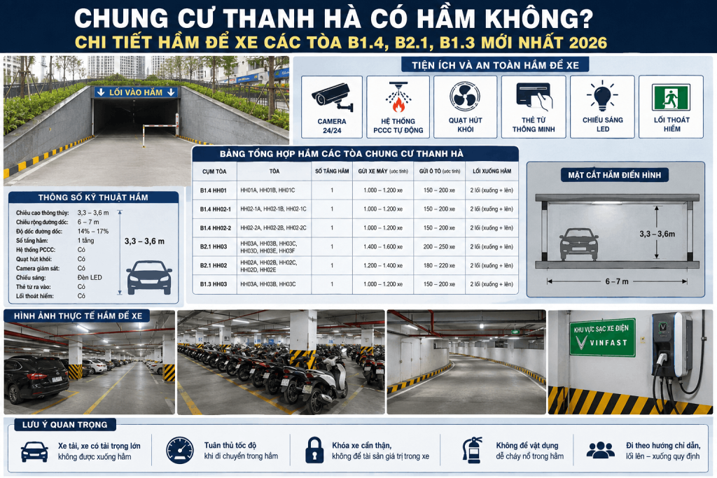 Chung cư Thanh Hà có hầm không? Hình ảnh tầng hầm để xe các tòa B1.4 HH01, B1.4 HH02, B2.1 HH02, B2.1 HH03 và B1.3 HH03 tại Khu đô thị Thanh Hà Cienco 5 mới nhất 2026.