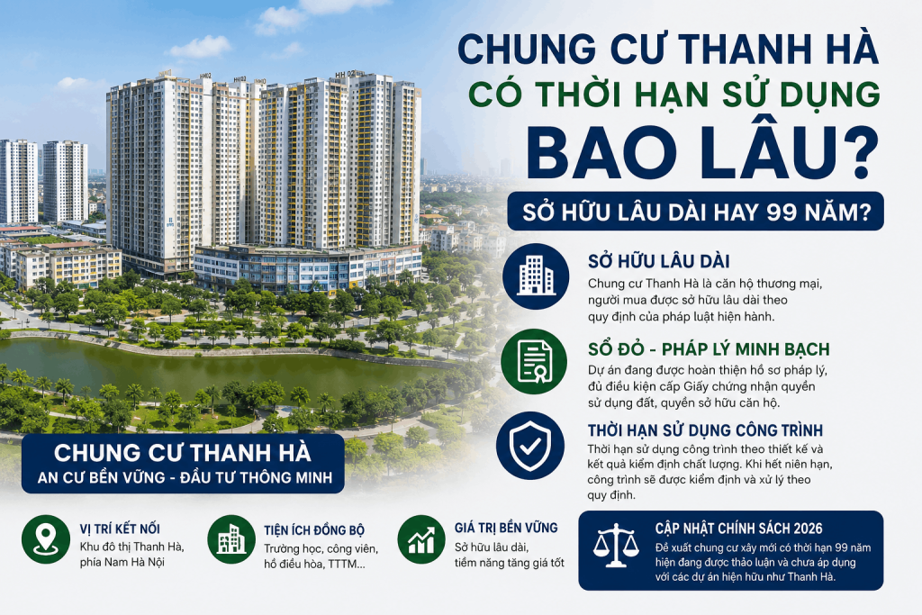 Chung cư Thanh Hà có thời hạn sử dụng bao lâu? Hình ảnh minh họa thông tin về chung cư Thanh Hà sở hữu lâu dài, thời hạn sử dụng công trình, sổ đỏ chung cư Thanh Hà, pháp lý căn hộ và những thay đổi chính sách về thời hạn sử dụng chung cư năm 2026.