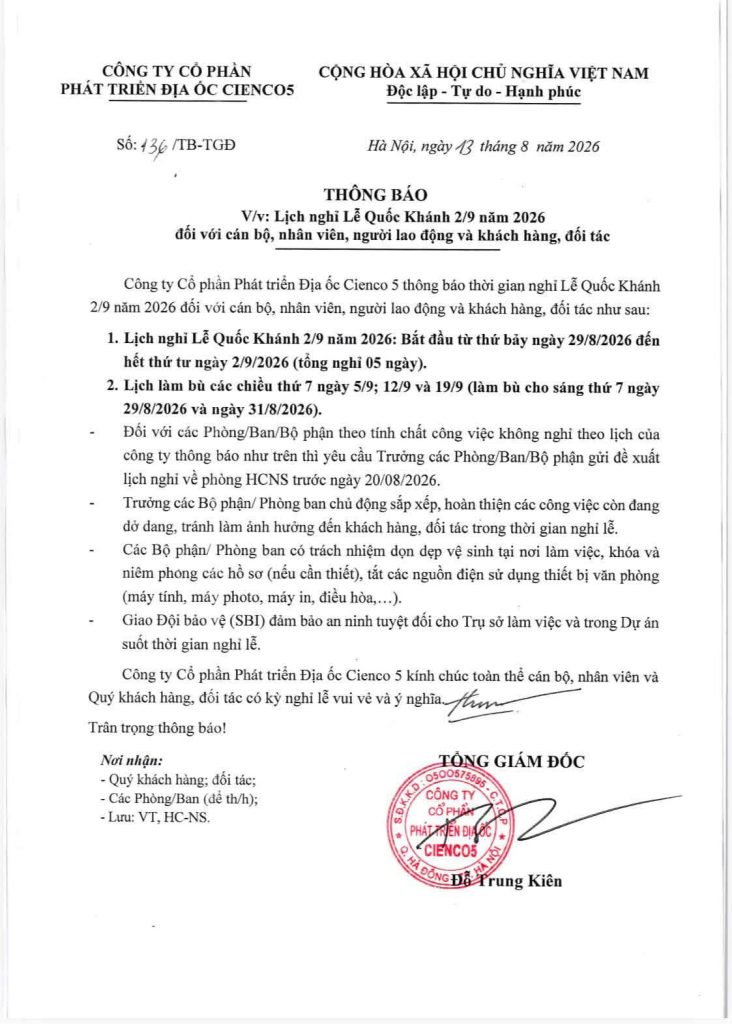 Cienco 5 thông báo Lịch nghỉ Lễ Quốc khánh 2/9 năm 2026 của Cienco 5 từ ngày 29/8 đến 2/9/2026