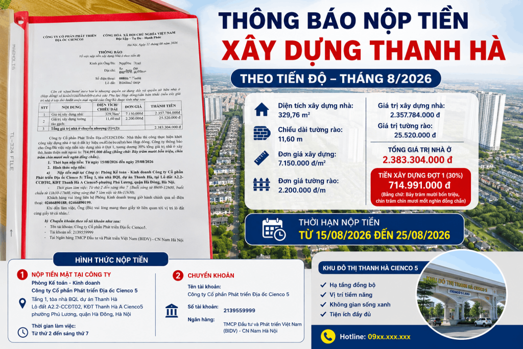 Thông báo nộp tiền xây dựng nhà ở thanh hà theo tiến độ tại Khu đô thị Thanh Hà Cienco 5 tháng 8/2026, đợt 1 số tiền 714.991.000 đồng, tổng giá trị xây dựng 2.383.304.000 đồng.