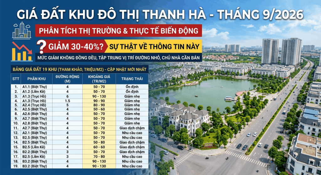 Giá đất Thanh Hà tháng 9/2026 giảm 30–40%, bảng giá liền kề biệt thự Thanh Hà Cienco 5