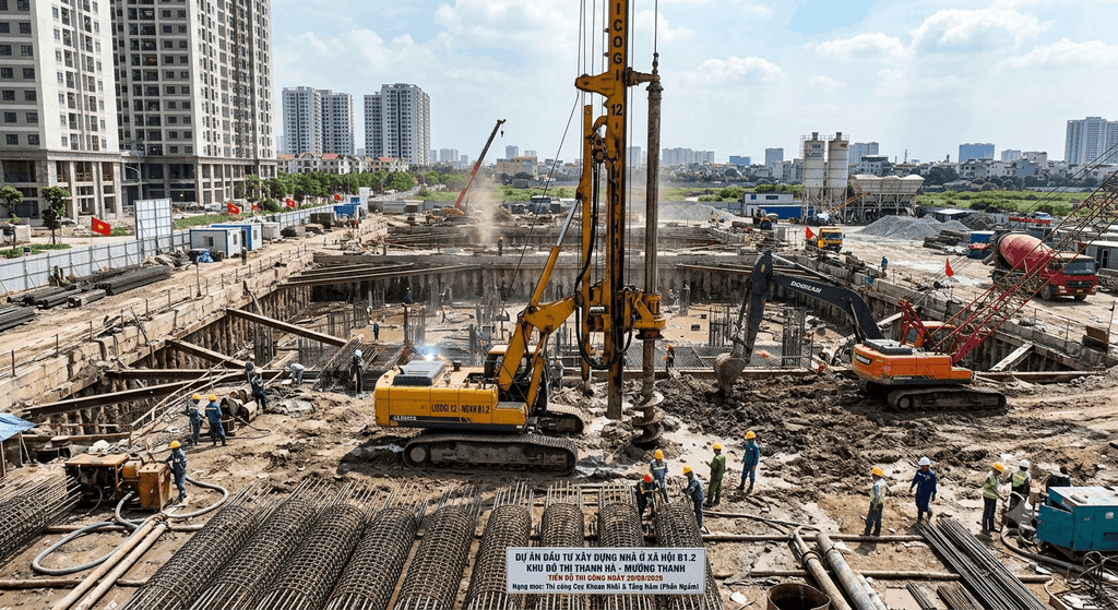 Tiến độ nhà ở xã hội Thanh Hà B1.2 ngày 28/09/2026 đang thi công nền móng
