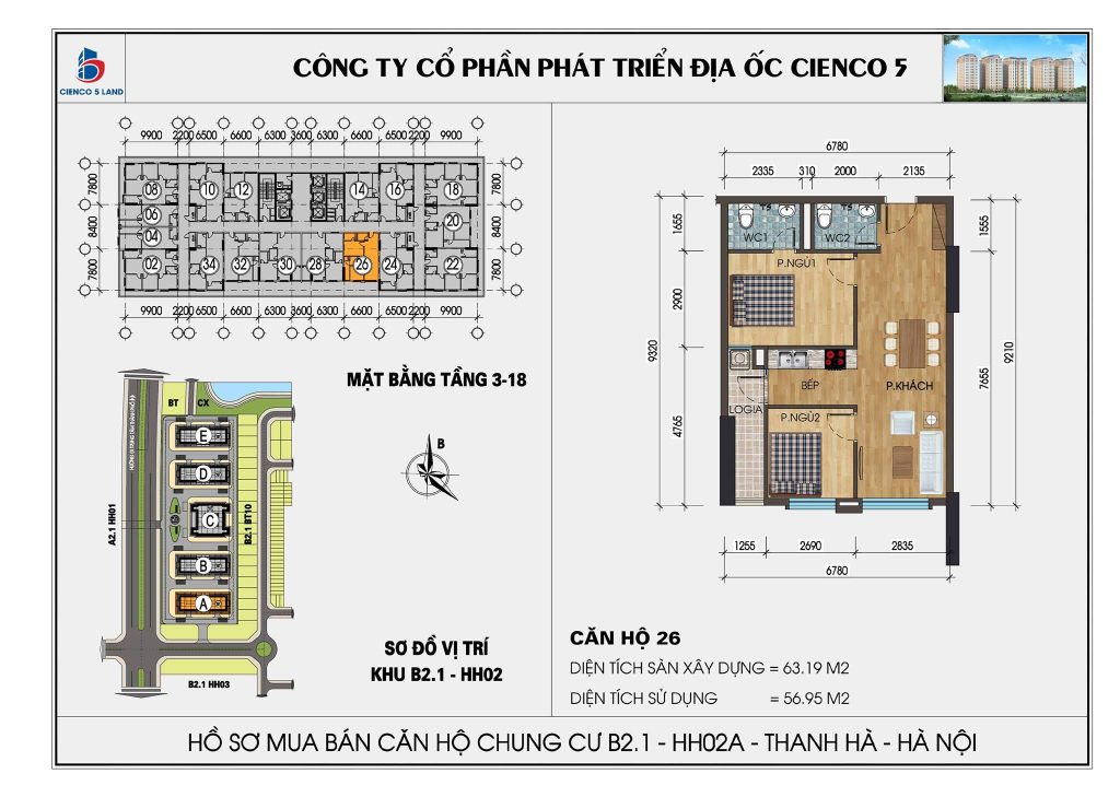 Sơ đồ căn hộ 26 chung cư HH02A HH02B Thanh Hà