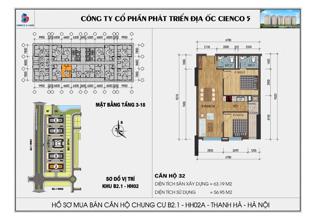 Sơ đồ căn hộ 32 chung cư HH02A HH02B Thanh Hà