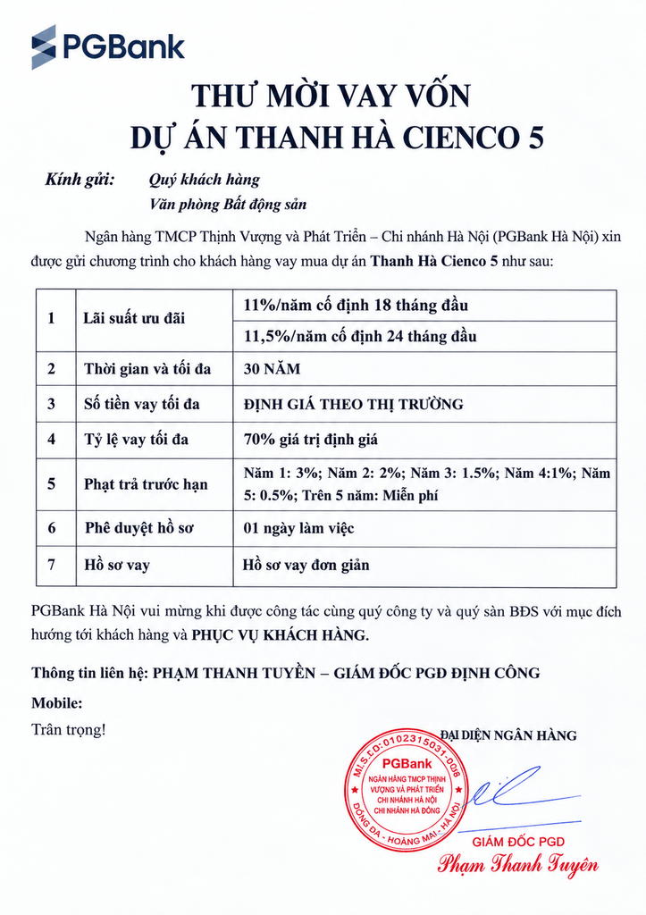 Vay vốn dự án Thanh Hà Cienco 5: PGBank cho vay 70%