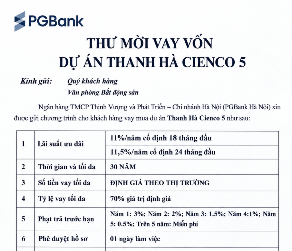 Vay vốn dự án Thanh Hà Cienco 5: PGBank cho vay 70%